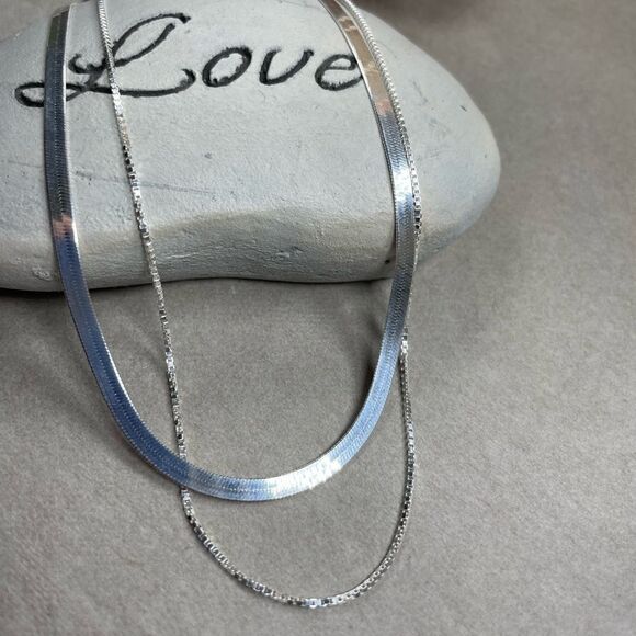 NEW 925 Sterling Silver Herringbone Snake Box Chain Necklace Set - Picture 4 of 9